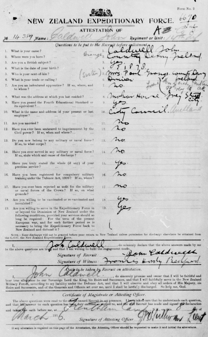 Private John Caldwell Attestation Page 1