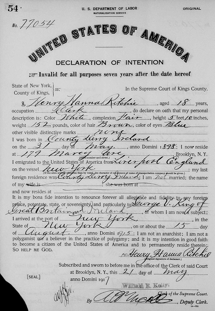 US Naturalisation Certificate - Henry Hanna Ritchie