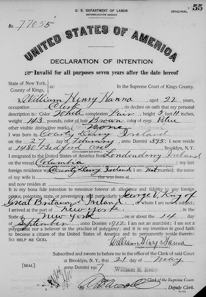 US Naturalisation Certificate - William Hanna
